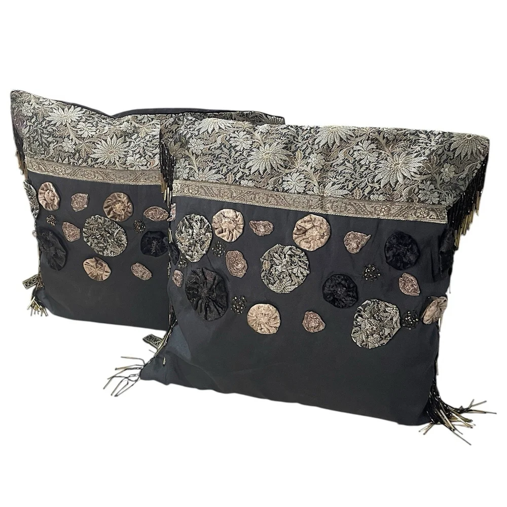 2 Borgata Decorative Silk Pillows Beaded Fringe Floral Square Brown Gold 15”